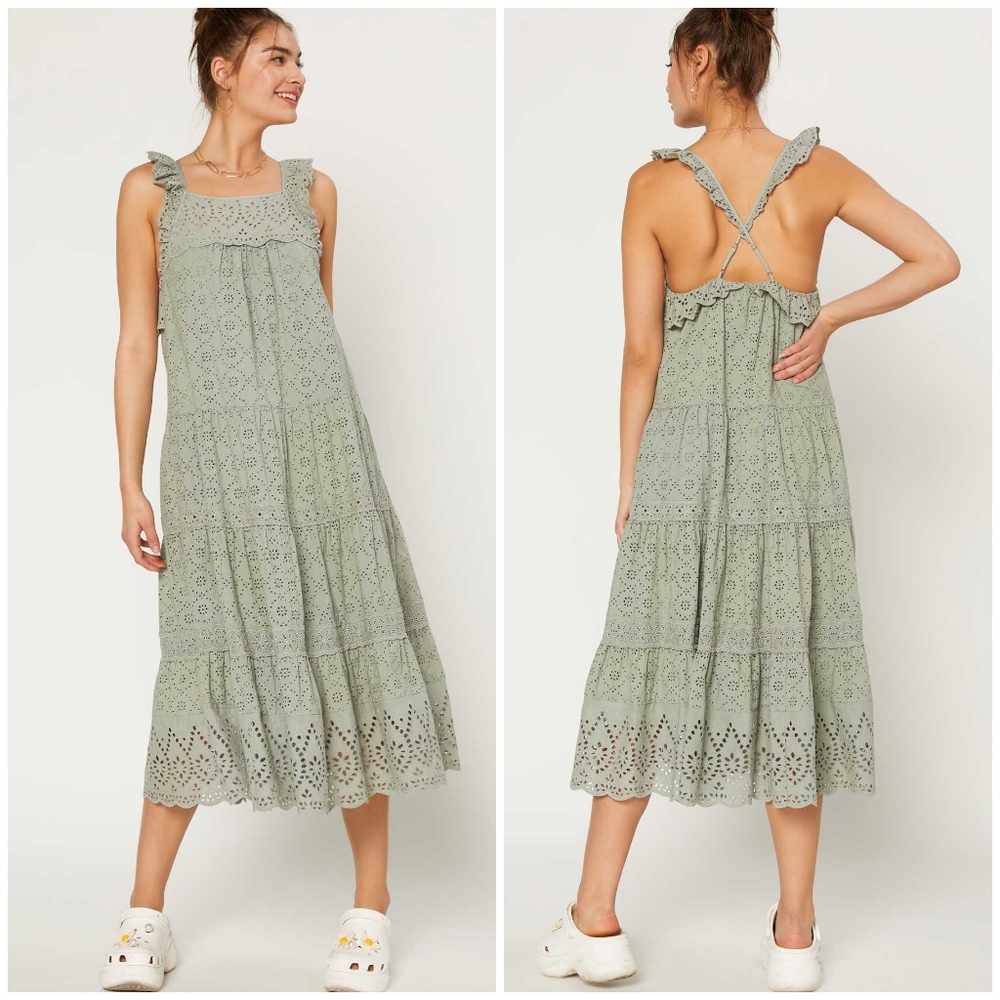 CURRENT AIR  Anthro Sage Green Eyelet Midi Dress - Picture 3 of 7